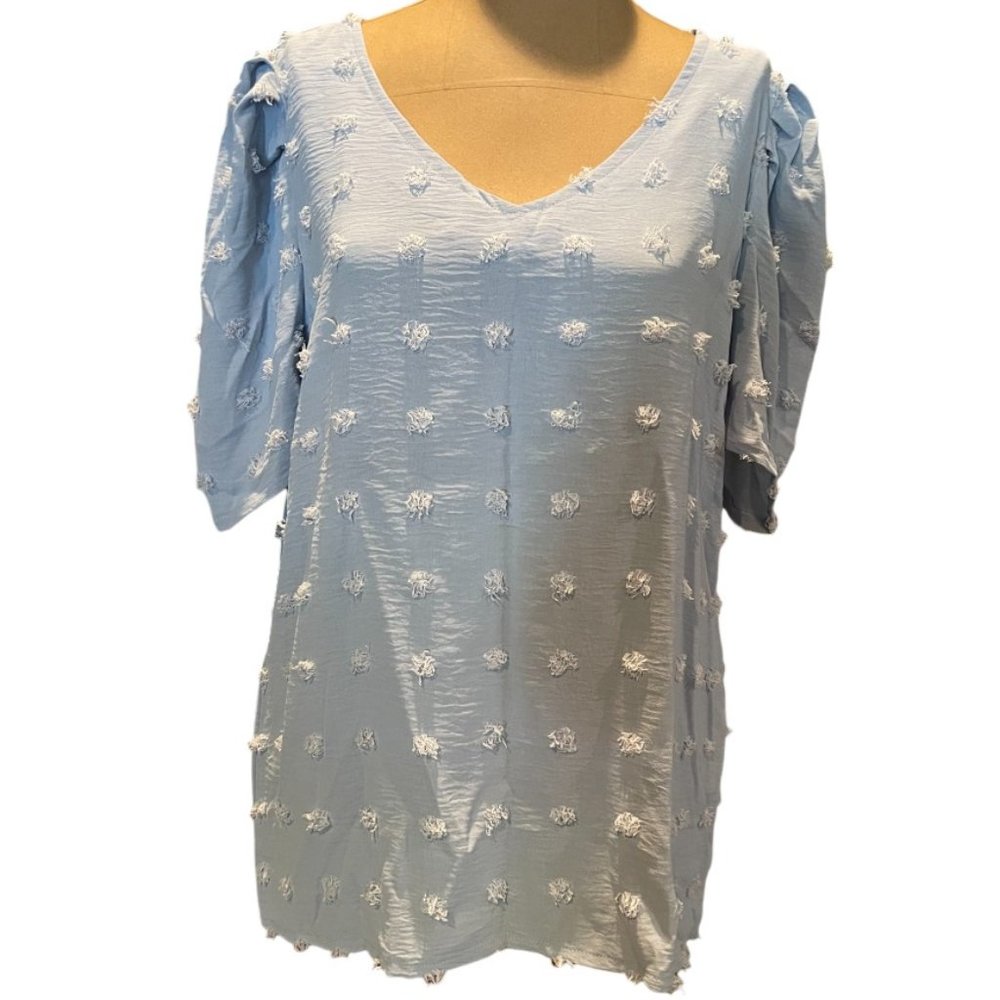 NWT Camisa Blue Swiss Dot Short-Sleeved Blouse Size: Small